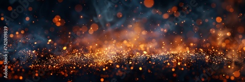 Fire embers particles over black background. Fire sparks background. Abstract dark glitter fire particles lights. photo