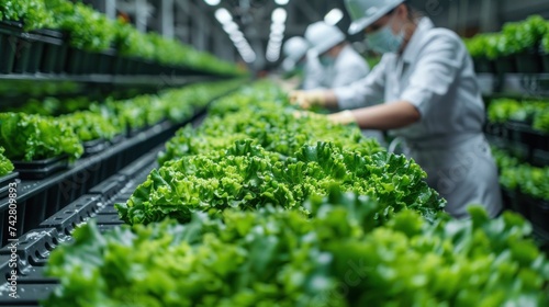 People in special clothing and gloves monitor and clean the environmentally green vegetables. Operators sort fresh salad leaves on a conveyor belt. Agricultural technology.