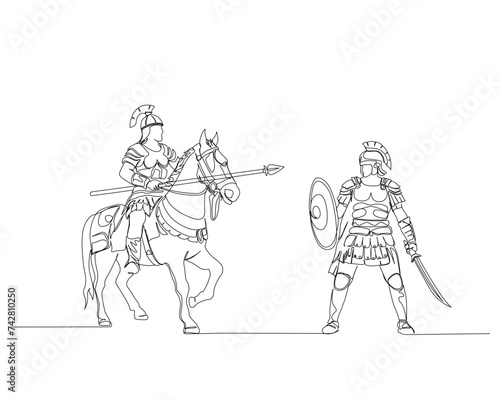 Continuous one line drawing of roman knight ridding horse with spear. Gladiator riding horse battle with warrior single outline vector illustration. Editable stroke.