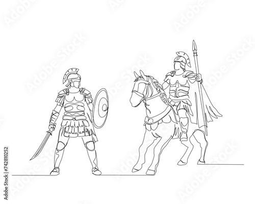 Continuous one line drawing of roman knight ridding horse with spear. Gladiator riding horse battle with warrior single outline vector illustration. Editable stroke.