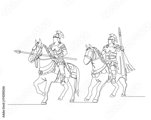 Continuous one line drawing of roman knight ridding horse and holding spear. Spartan riding horse and holding spear single outline vector illustration. Editable stroke.