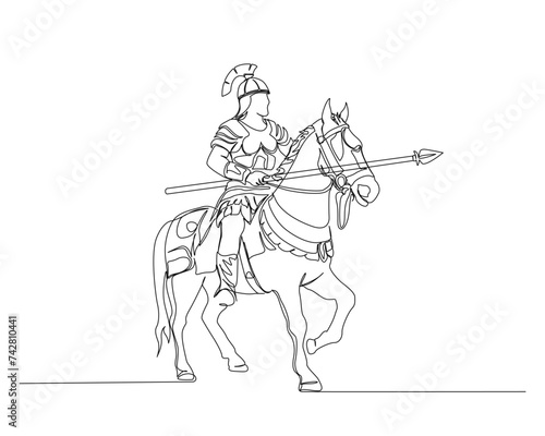 Continuous one line drawing of roman knight ridding horse with spear. Gladiator riding horse and holding spear single outline vector illustration. Editable stroke.