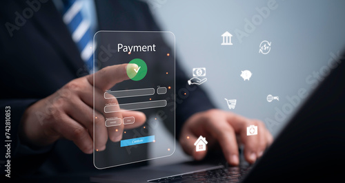Digital online payment concept. Business people using mobile smart phone, online payment, banking.Online Money Transfer Confirmed.Concept of e-commerce and online banking, payment transfer.