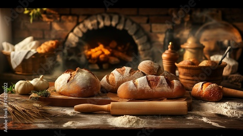 Depict an old-world, rustic kitchen with a wood-fired oven. 