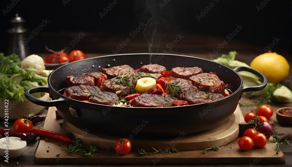 A pan of steaks with vegetables and meat on it, Juicy veal steak with spices thyme and rosemary Top view Flat lay top view, AI generated A pan of steaks with vegetables and meat on it, Juicy veal steak with spices thyme and rosemary Top view Flat lay top view, AI generated