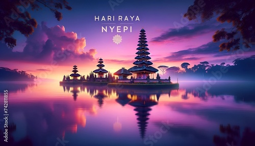 Illustration of a tranquil dawn scene in bali with a balinese temple silhouette for nyepi day.