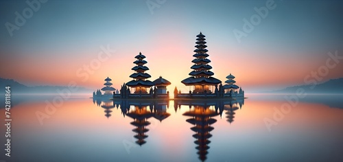 Scene of a temple in bali at sunset for nyepi day.  photo