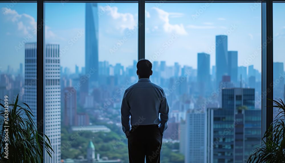 A reflective businessman is watching the city skyline from his high-rise office window - contemplating future business moves - wide format - obrazy, fototapety, plakaty 