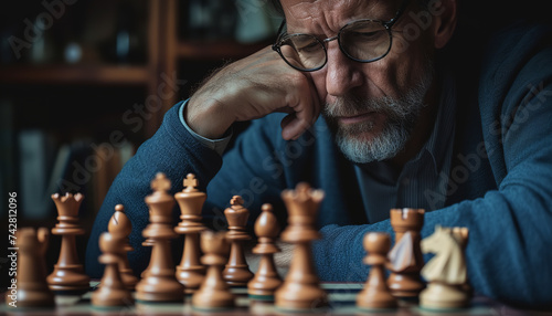 Businessman in deep thought while looking at a chessboard - wide format