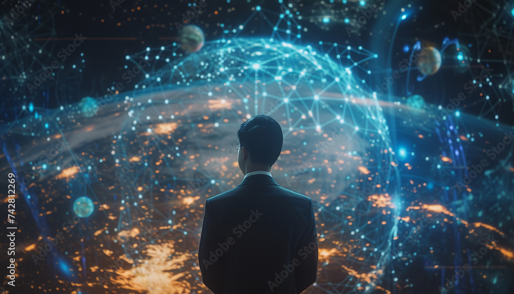 A futuristic businessman is viewing a holographic projection of a global network - showcasing digital interconnectivity - wide format A futuristic businessman is viewing a holographic projection of a global network - showcasing digital interconnectivity - wide format