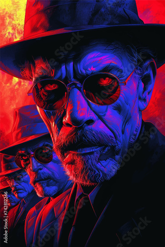 Mobsters with evil faces,  psychedelic style