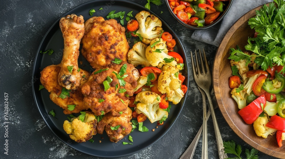 A healthy dish of fried chicken legs with roasted cauliflower and sweet peppers on the side. A healthy dish of fried chicken legs with roasted cauliflower and sweet peppers on the side.