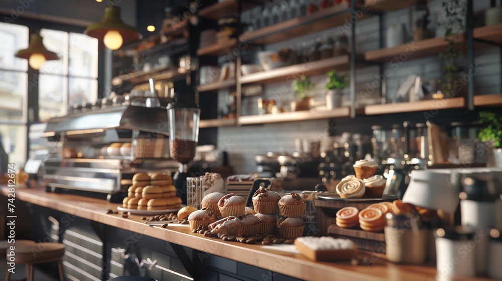 Picture a modern bakery and coffee shop hybrid, with a cozy atmosphere.