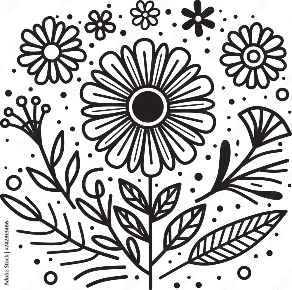 Florals Abstract , Flowers doodle art. Vector illustration in line art.