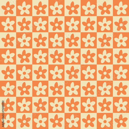Retro floral seamless pattern. 70's vintage style floral background illustration. orange.