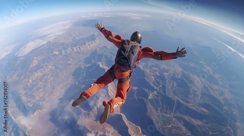 Observe from above as a skydiver dives through a clear sky  arms outstretched  offering a broad perspective of the earth s curvature and the immense terrain beneath. 