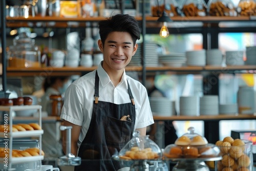 Cheerful young Asian man waiter is working in cafe