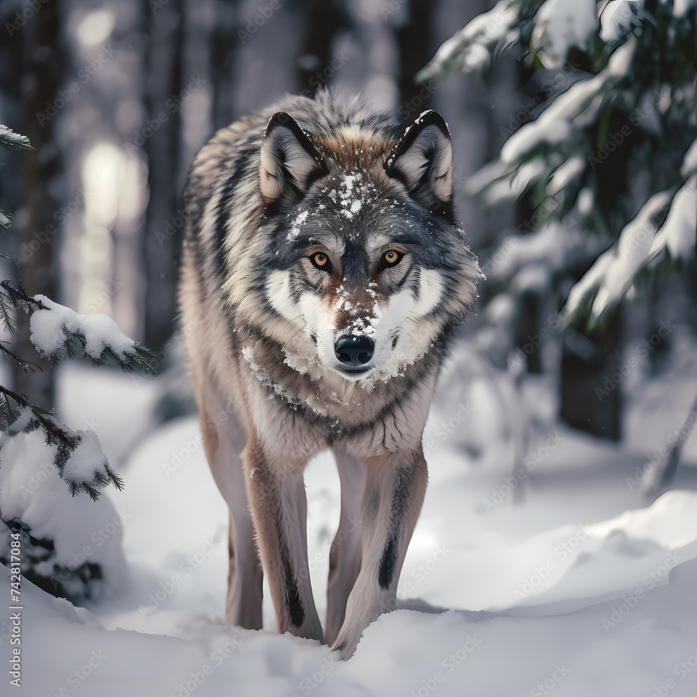 A lone wolf in a snowy wilderness. 