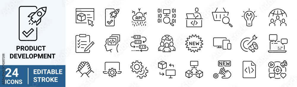 product development, Business management. Linear icon collection. Editable stroke. Vector illustration