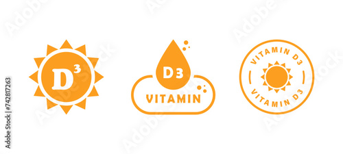 Vitamin D-3. Vector icons collection. Vitamin labels for product packaging.