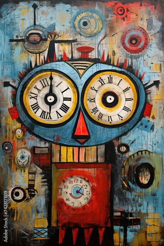 Portrait of a face made of clocks, cogs and geers in Art Brut style. Time concept. Ai Generative