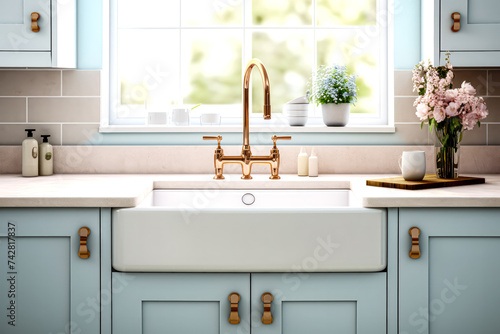 A detailed shot of a kitchen sink showcases elegant cabinets  a pristine white marble countertop  and matching backsplash  adorned with tasteful decorations.