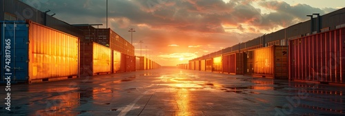 row of Shipping container during bright sunrise