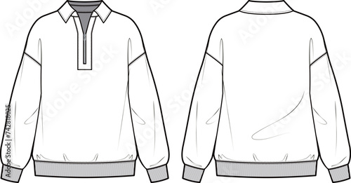 Technical flat sketch of Half zip up sweatshirt. Collared oversize top with drop shoulder and rib trims. Front and back apparel. Vector mock up Template. 