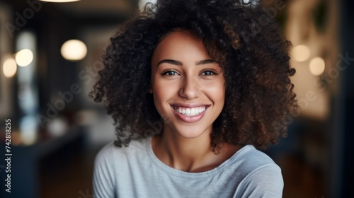 A close-up portrait of a beautiful happy black woman with an Afro hairstyle looking at a camera indoors. Copy space. Positive Emotions, A Snow-white smile, Happy People concepts. © liliyabatyrova