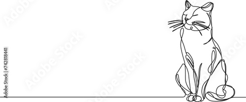 continuous single line drawing of sitting cat with closed eyes, line art vector illustration