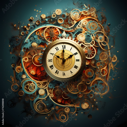 Abstract concept of time with clock faces. 