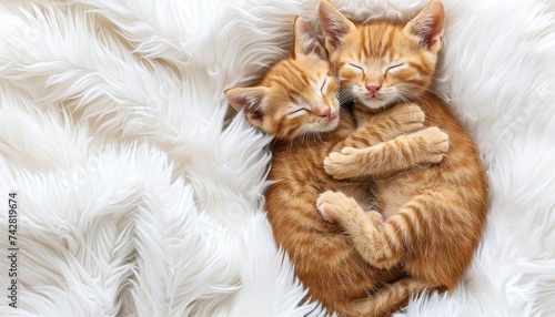 Adorable cat couple sleeping and hugging on white fluffy bed with copy space for text