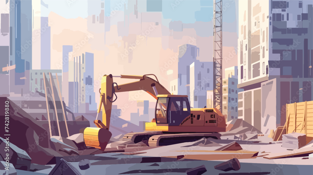 Construction site concept with compactor  - obrazy, fototapety, plakaty 