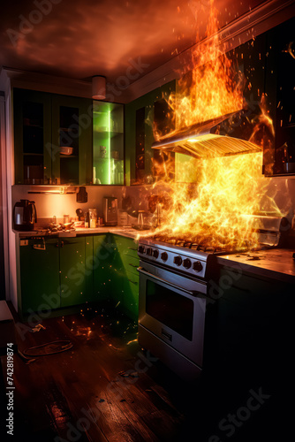 A dramatic scene unfolds as flames engulf a kitchen, billowing thick smoke into the air. The intense fire creates a chaotic and dangerous situation in the cooking area.