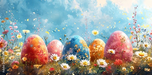 watercolor easter egg pattern, in the style of whimsical compositions, nature-inspired, murals and wall drawings, naturalistic tones. Generative AI.