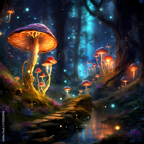 An enchanted forest with glowing mushrooms.