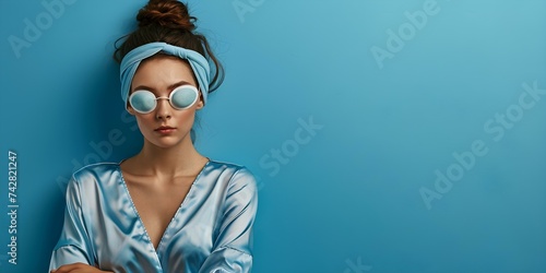 Attractive woman in sleepwear and eye mask standing against blue backdrop. Concept Fashion Photography, Sleepwear, Eyemask, Blue Backdrop photo