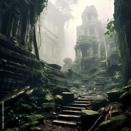 Ancient ruins in a misty jungle.