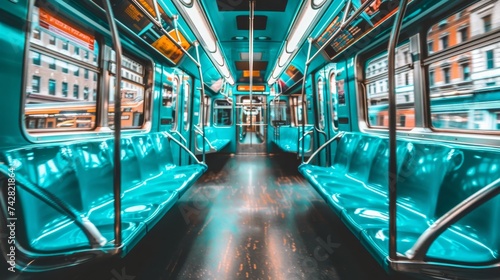 Spacious interior of an empty subway car with comfortable seating and modern design