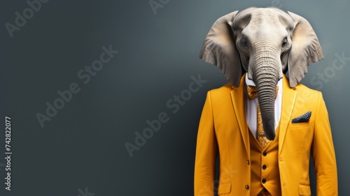 Anthropomorphic elephant in business suit pretending to work in office studio shot with text space photo