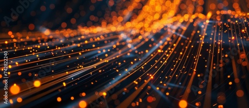 3d illustration of abstract orange background with glowing particles, depth of field. Fiber Optic cables bokeh background. Glowing data cables transferring information network and technology concept,