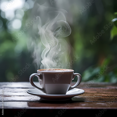 Close-up of a steaming cup of coffee on a rainy day