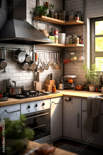 Discover the essence of Scandinavian cuisine interior decor with stylish wooden shelves adorned with ceramic plates, dishes. This cozy arrangement exudes warmth and charm in any kitchen space.