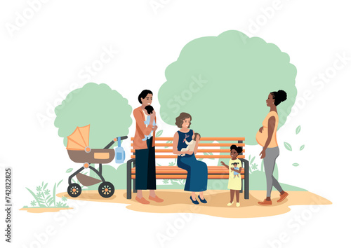 Three happy young mothers with children are relaxing on a bench in the park. Active young mothers. Vector illustration on a background of abstract trees.