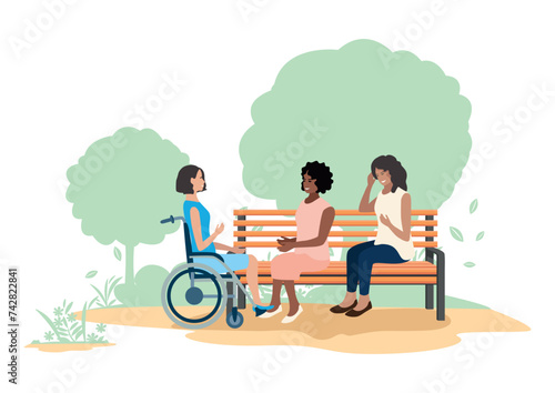 Smiling young women sit on a park bench and chat. Time with friends. Vector illustration in flat style on abstract background.