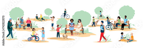 People of different ages and nationalities take a walk in the park. Families with children, elderly and young couples, friends spend time together. Vector horizontal illustration. photo