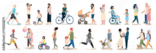 People of different ages and nationalities on a walk. Families with children, old and young couples, mothers with children, athletes, friends spend time together. Big vector set of active people. photo