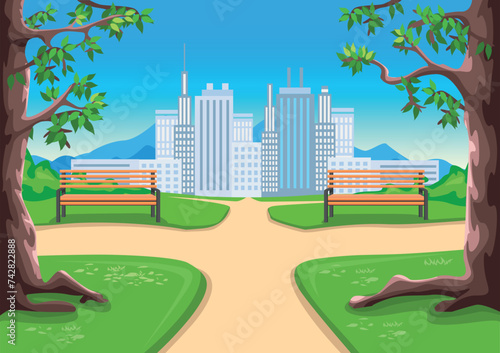 Walkway in a city park with large trees against the backdrop of skyscrapers. Urban landscape in cartoon style. Vector illustration.