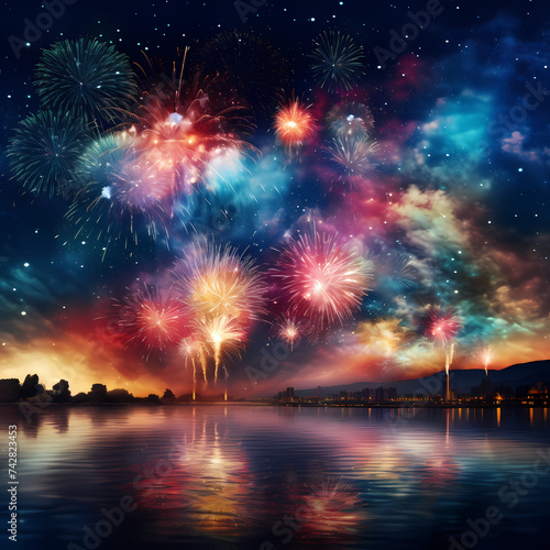 Colorful fireworks bursting in the night sky.