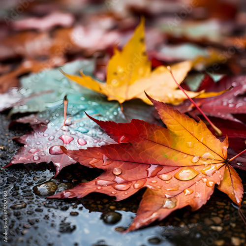 Colorful autumn leaves on a wet pavement. 